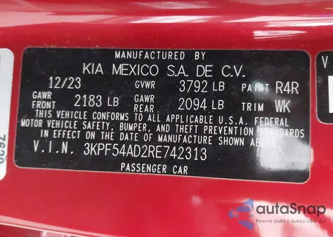 2024 Kia Forte Gt-Line z USA, uszkodzony, nr VIN 3KPF54AD2RE742313